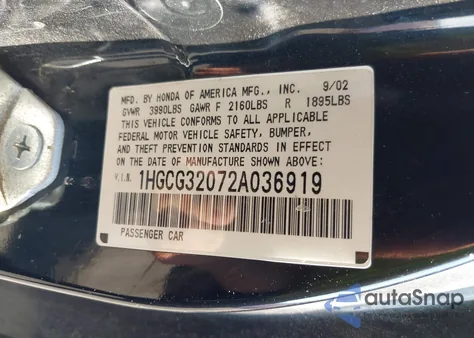 2002 Honda Accord Cpe Se из США, поврежденный, VIN 1HGCG32072A036919